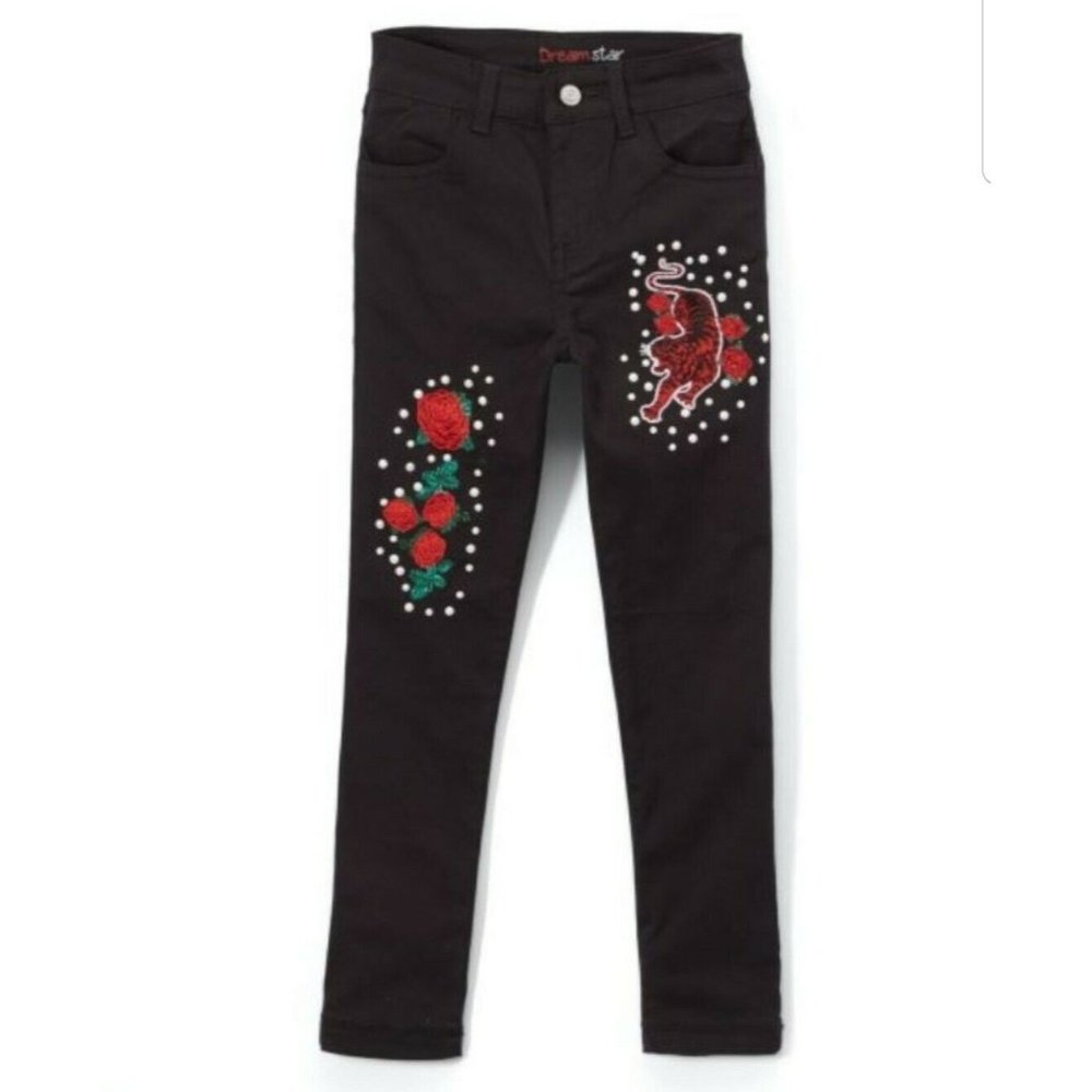 Girl's Dream Star Black Embroidered Straight Leg Stretch Pant Tigers Rose 4T